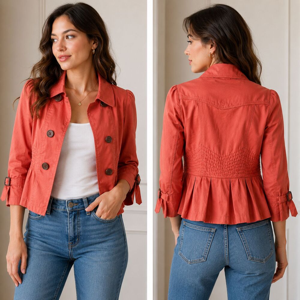 American Rag Cie Coral Cropped Double-Breasted Jacket Peplum Smocked Waist M